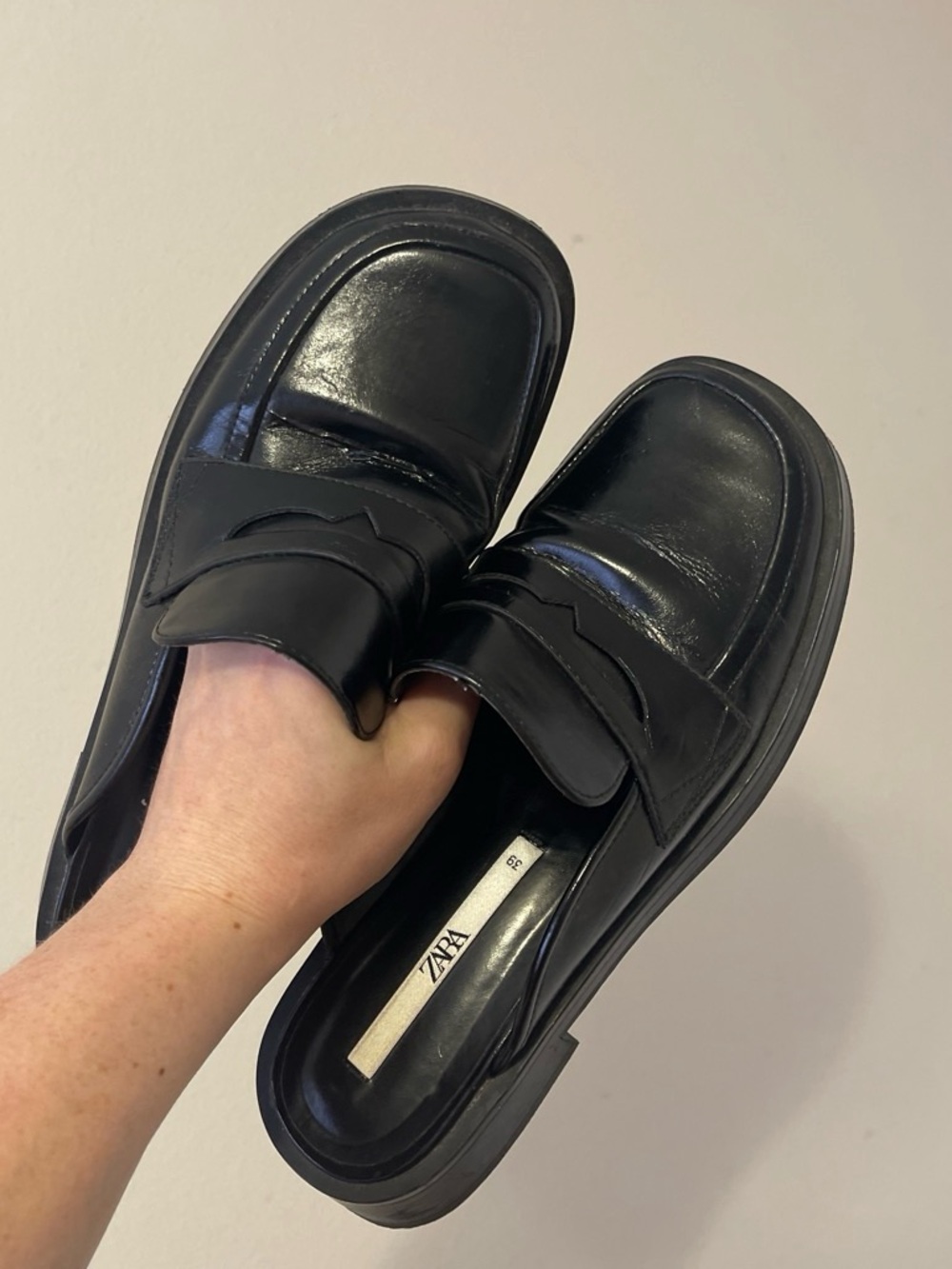 Zara Black Leather Penny Loafer Mules